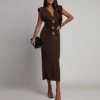 Women’s Embellished Midi Evening Dress – Elegant Deep V-Neck Party Dress-Dress-Brown-S-Nausin