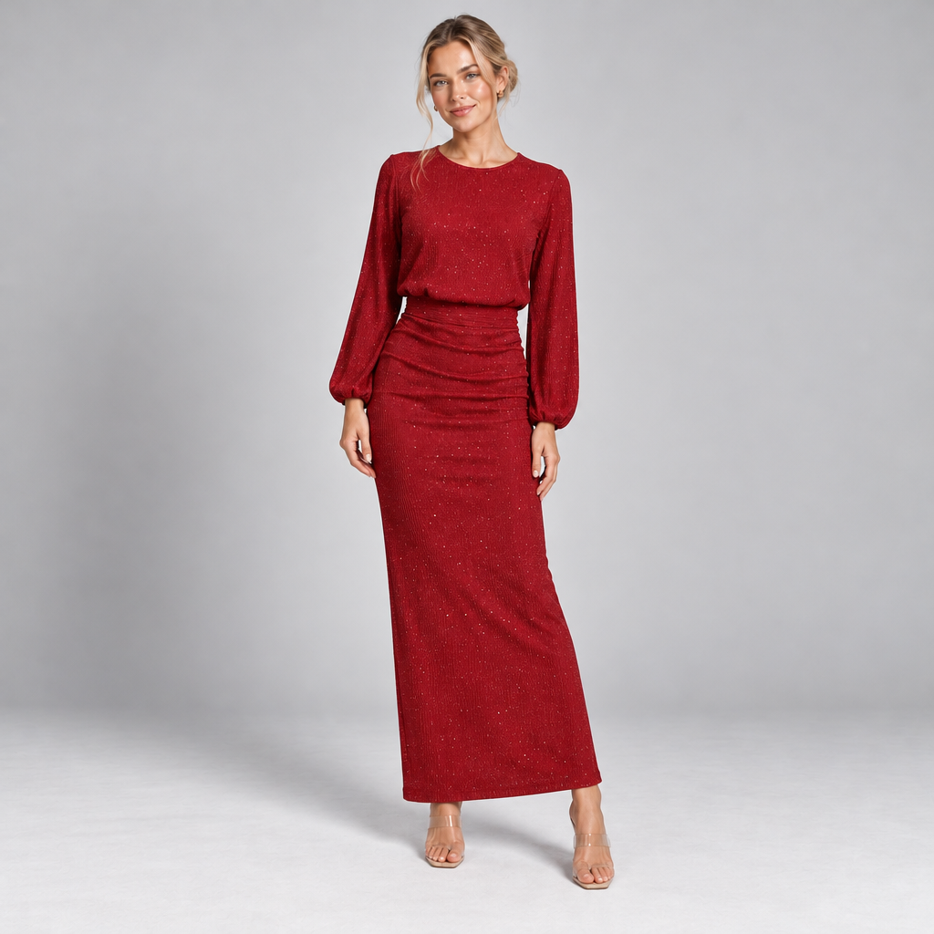 Sparkly Long Sleeve Maxi Christmas Party Dress with Ruched Waist 0