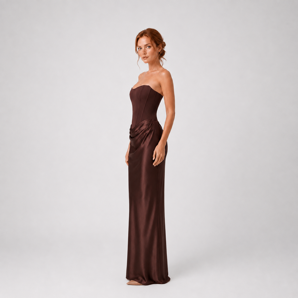 Strapless Satin Maxi Dress with Column Silhouette for Wedding Guest 23