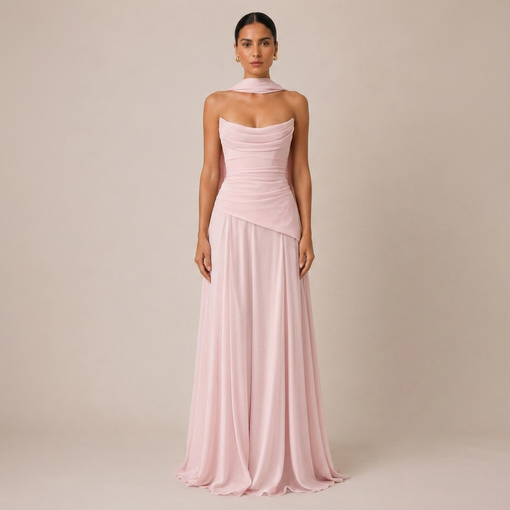 Strapless Satin Maxi Dress with Scarf Neck and Lace Up Back 0
