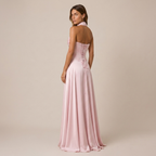 Strapless Satin Maxi Dress with Scarf Neck and Lace Up Back 1