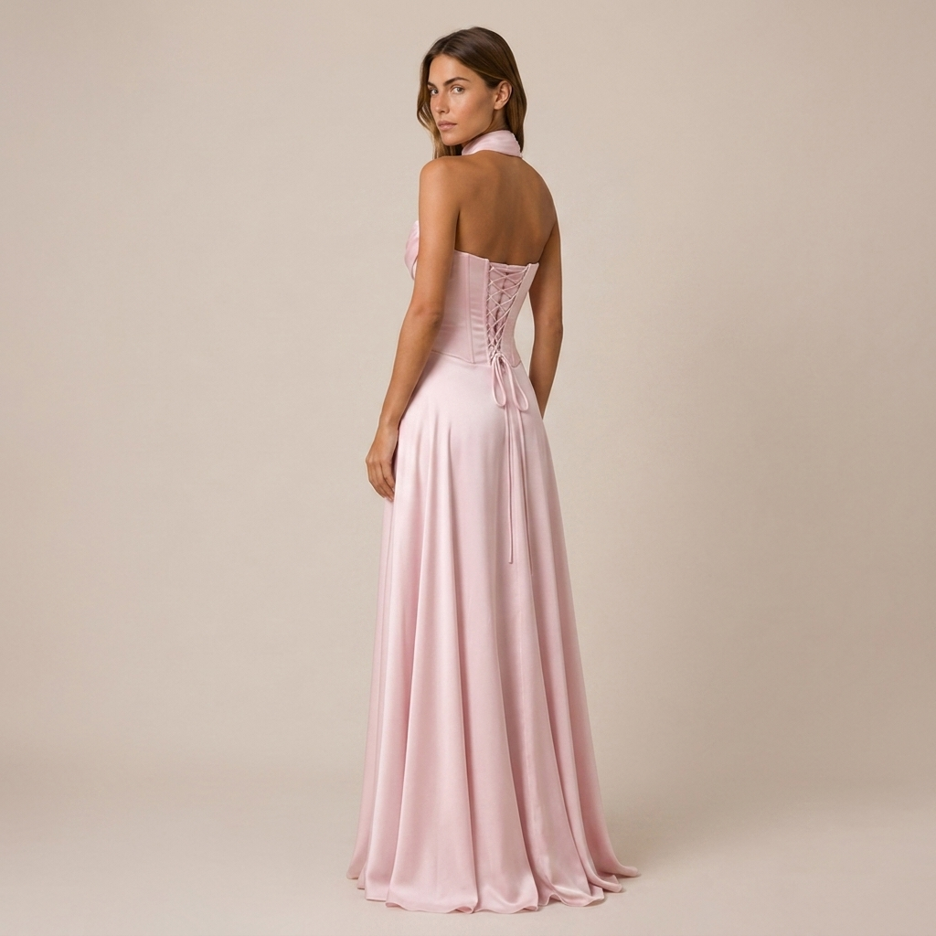 Strapless Satin Maxi Dress with Scarf Neck and Lace Up Back 1
