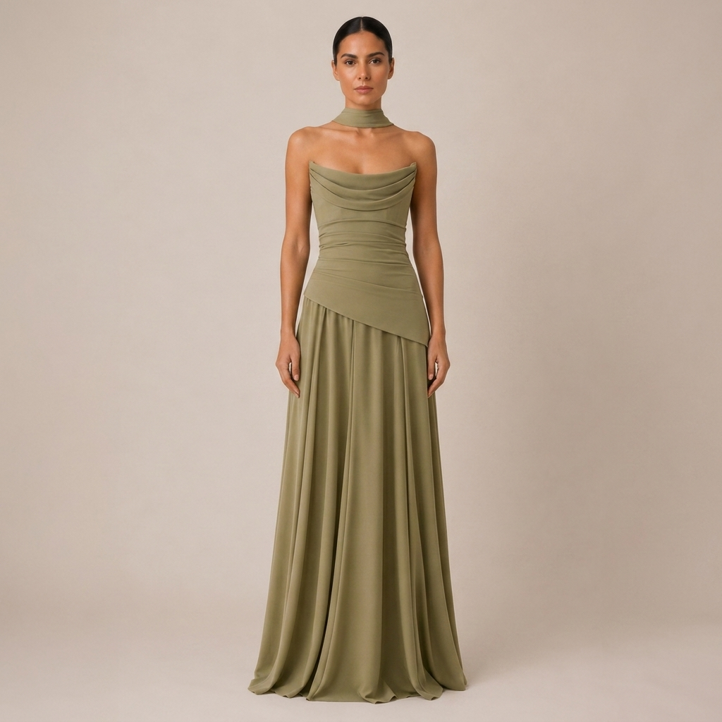 Strapless Satin Maxi Dress with Scarf Neck and Lace Up Back 3