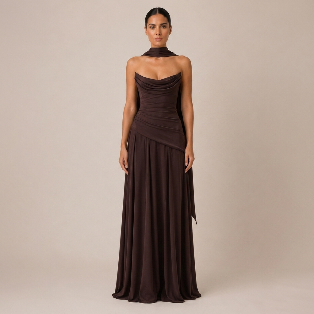 Strapless Satin Maxi Dress with Scarf Neck and Lace Up Back 4