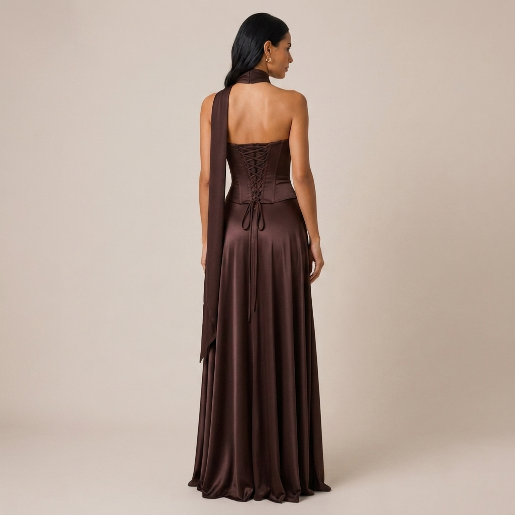 Strapless Satin Maxi Dress with Scarf Neck and Lace Up Back 5
