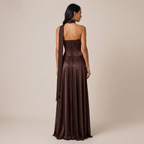 Strapless Satin Maxi Dress with Scarf Neck and Lace Up Back 5
