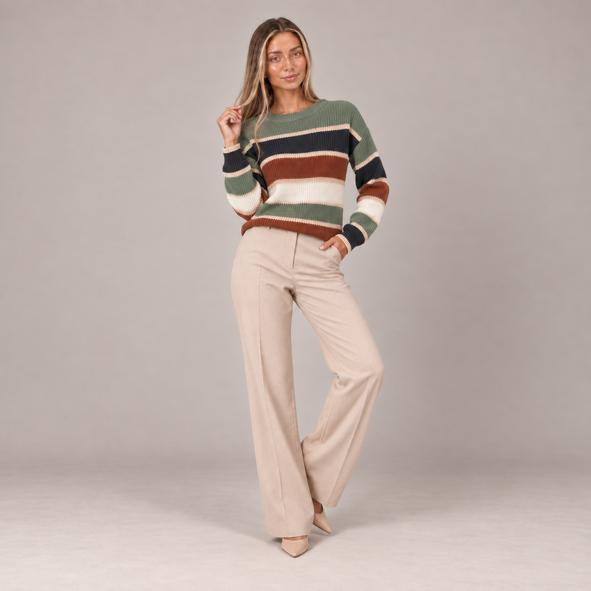 Striped Jumper Women Oversized Chunky Knit Crew Neck 1