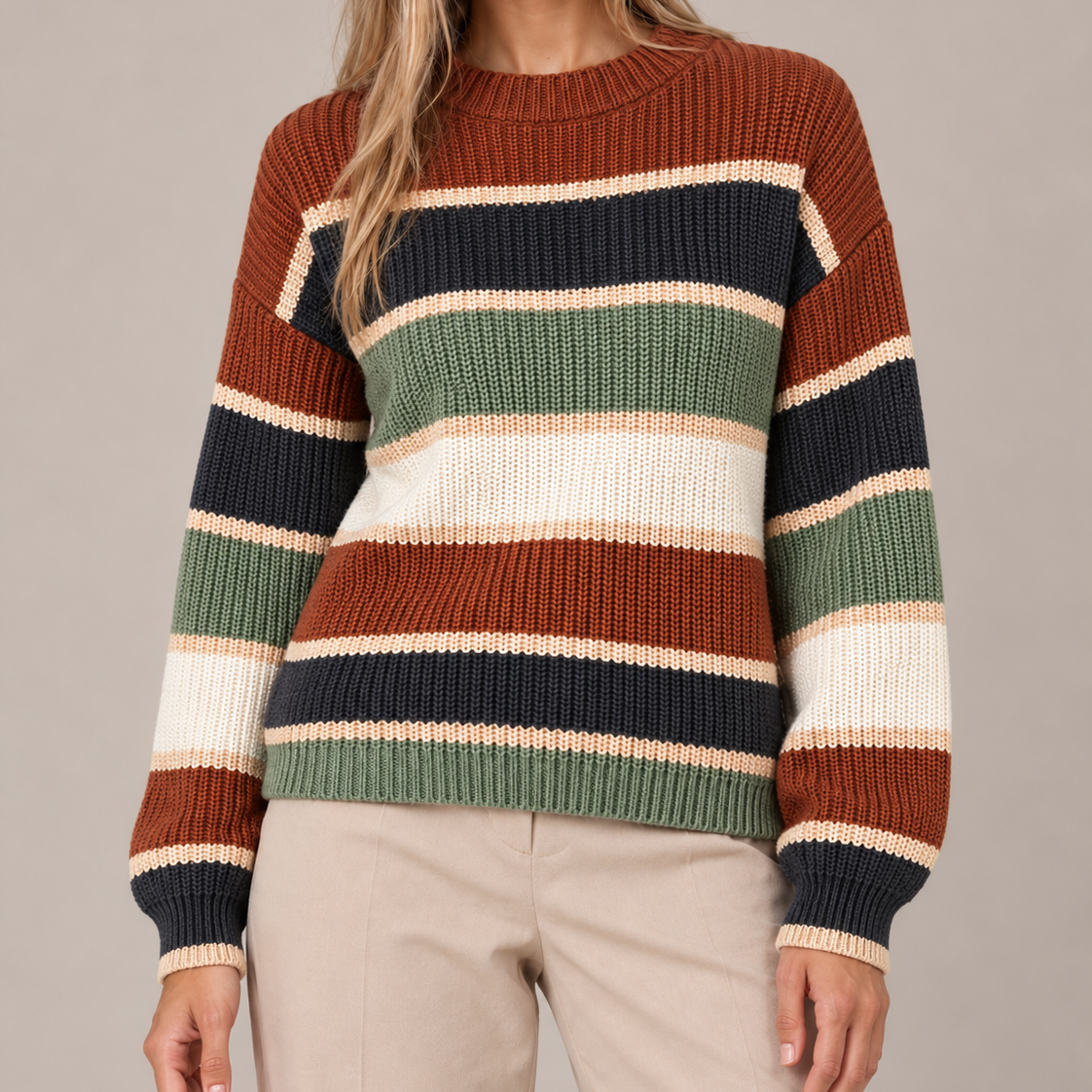 Striped Jumper Women Oversized Chunky Knit Crew Neck 4