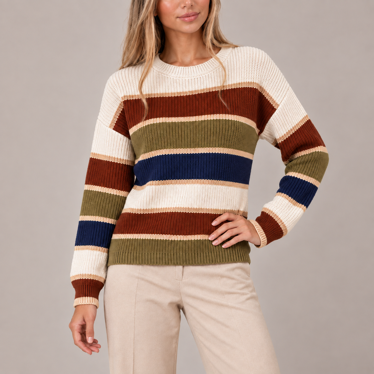 Striped Jumper Women Oversized Chunky Knit Crew Neck 6