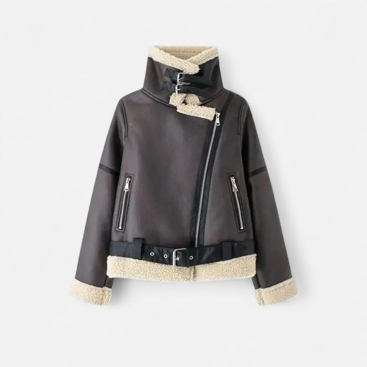 Suede Aviator Jacket Belted Longline with Faux Shearling Lining 4