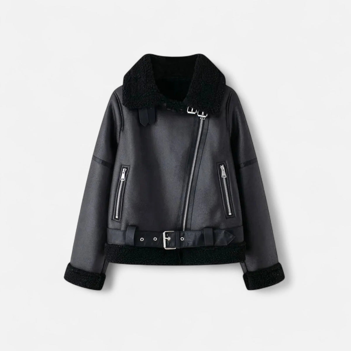 Suede Aviator Jacket Belted Longline with Faux Shearling Lining 5