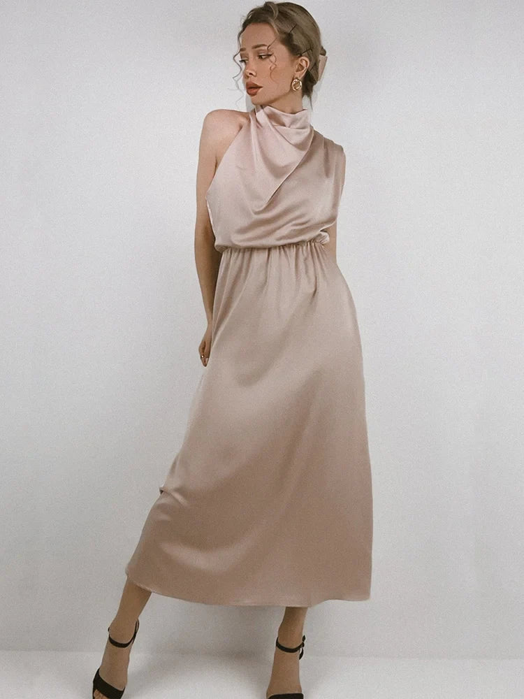 Women’s Satin Halter Maxi Dress – Elegant Sleeveless Evening Dress-Dress-Beige-S-Nausin