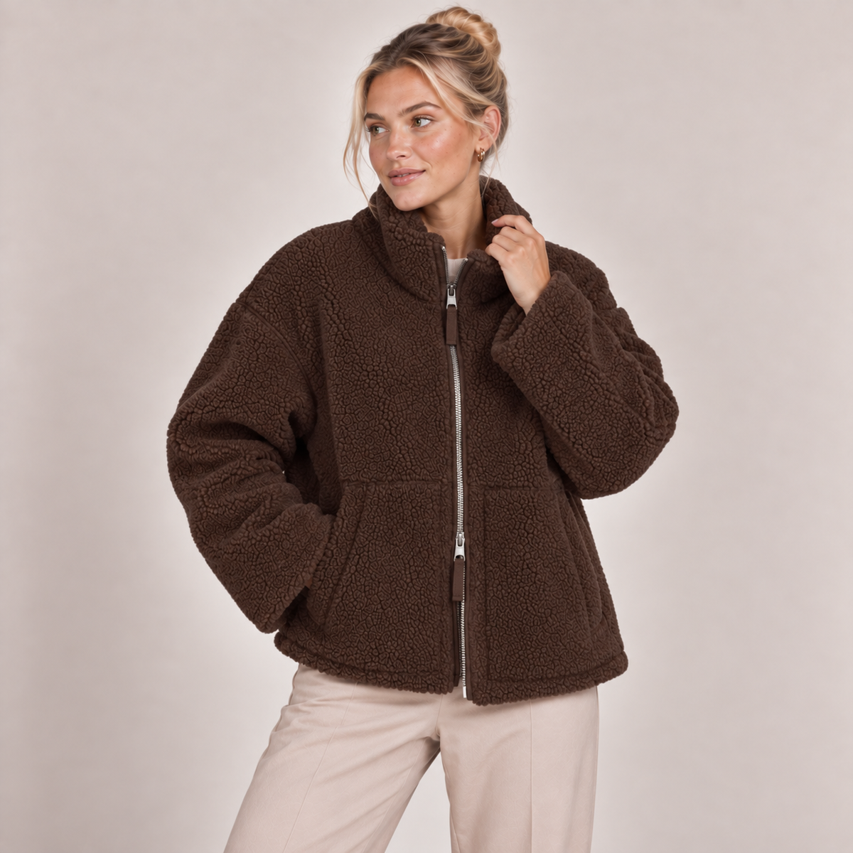 Teddy Fleece Jacket Women Oversized Zip Up with Pockets 1