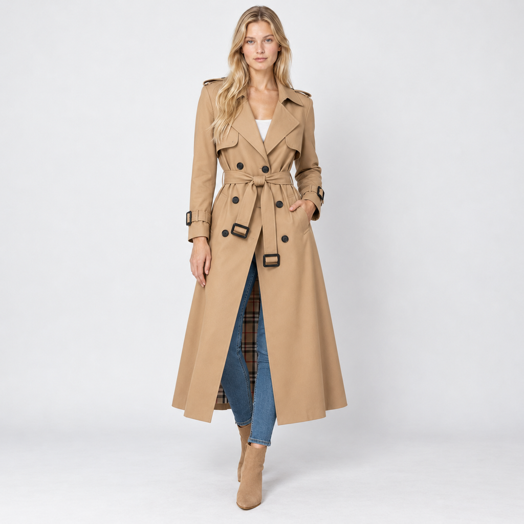 Trench Coat Women Belted Double Breasted Midi with Check Lining 0