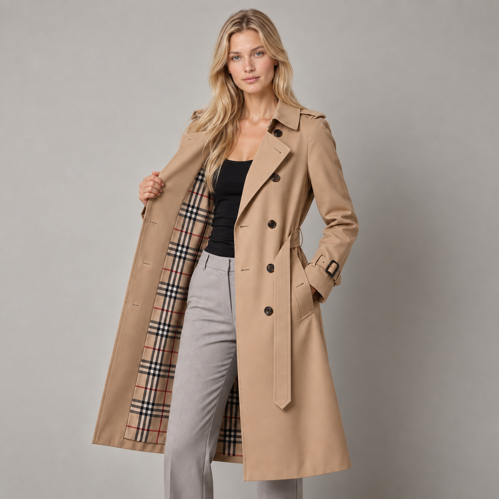 Trench Coat Women Belted Double Breasted Midi with Check Lining 1