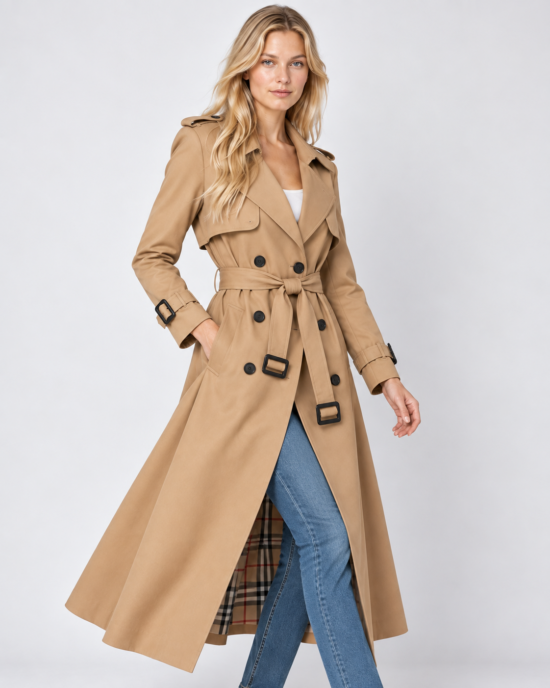 Trench Coat Women Belted Double Breasted Midi with Check Lining 2