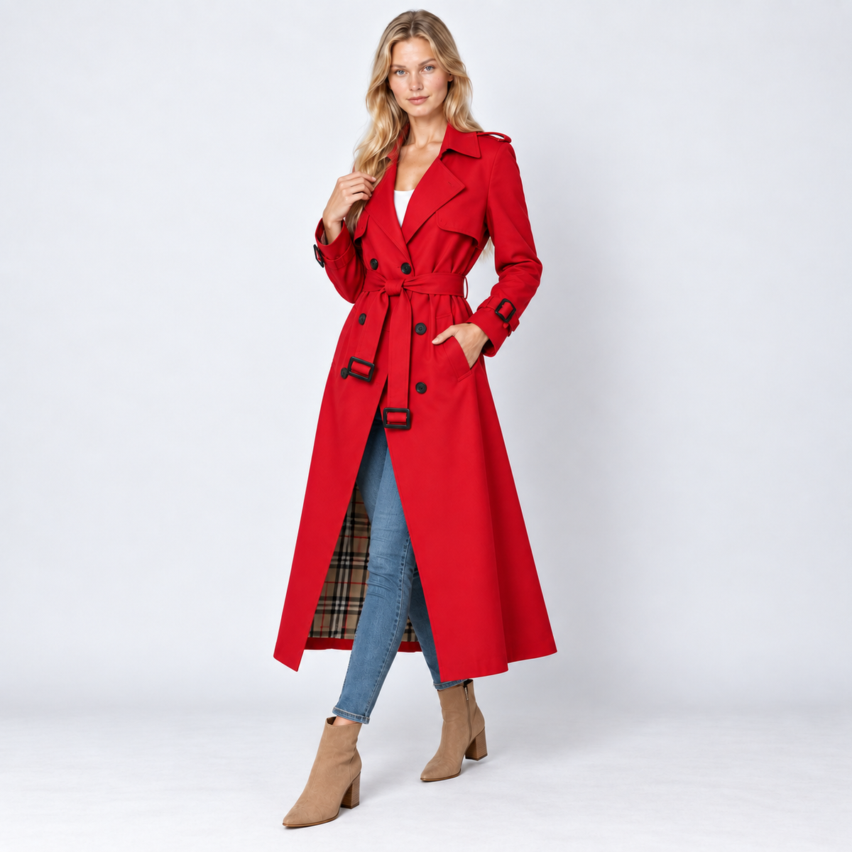 Trench Coat Women Belted Double Breasted Midi with Check Lining 3