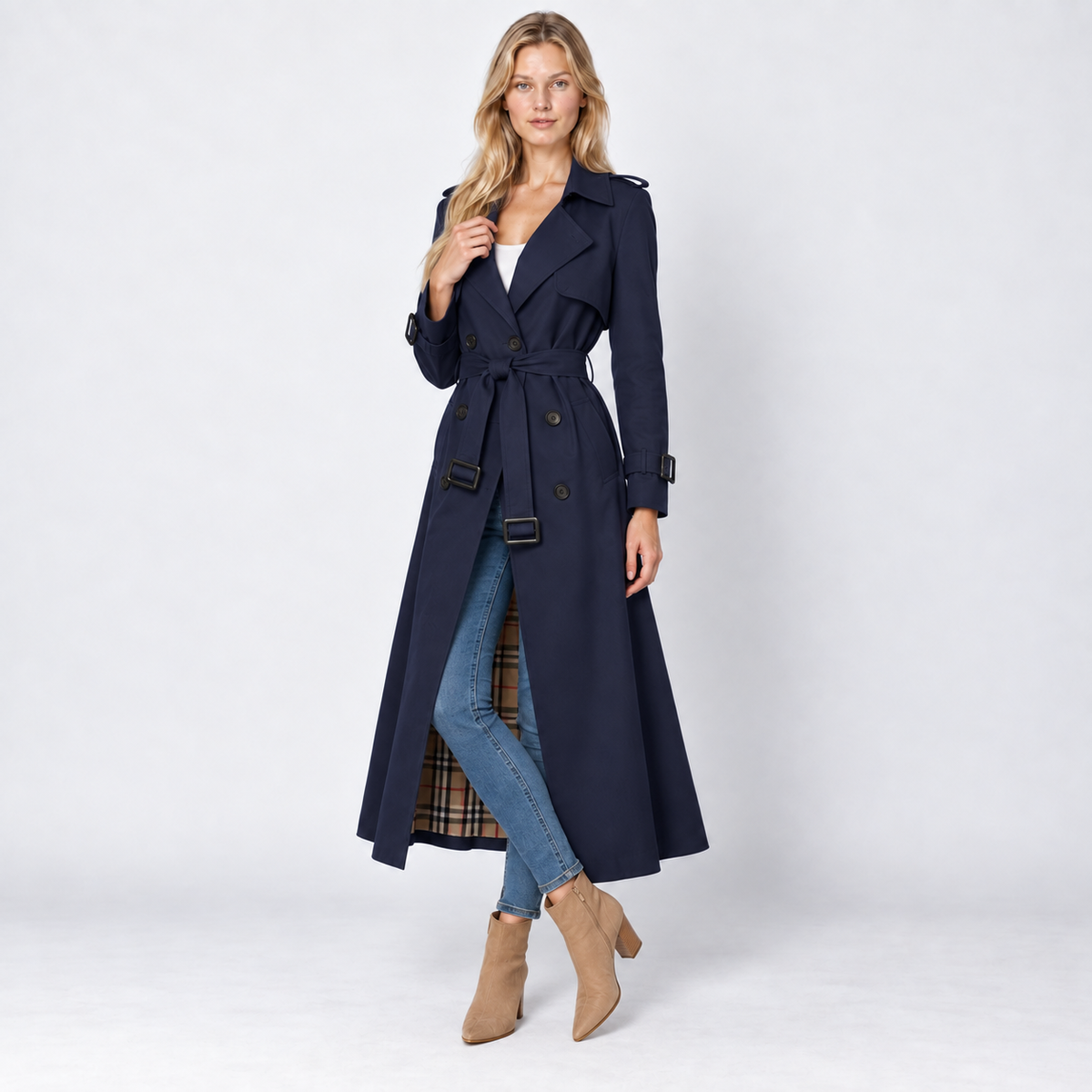 Trench Coat Women Belted Double Breasted Midi with Check Lining 4