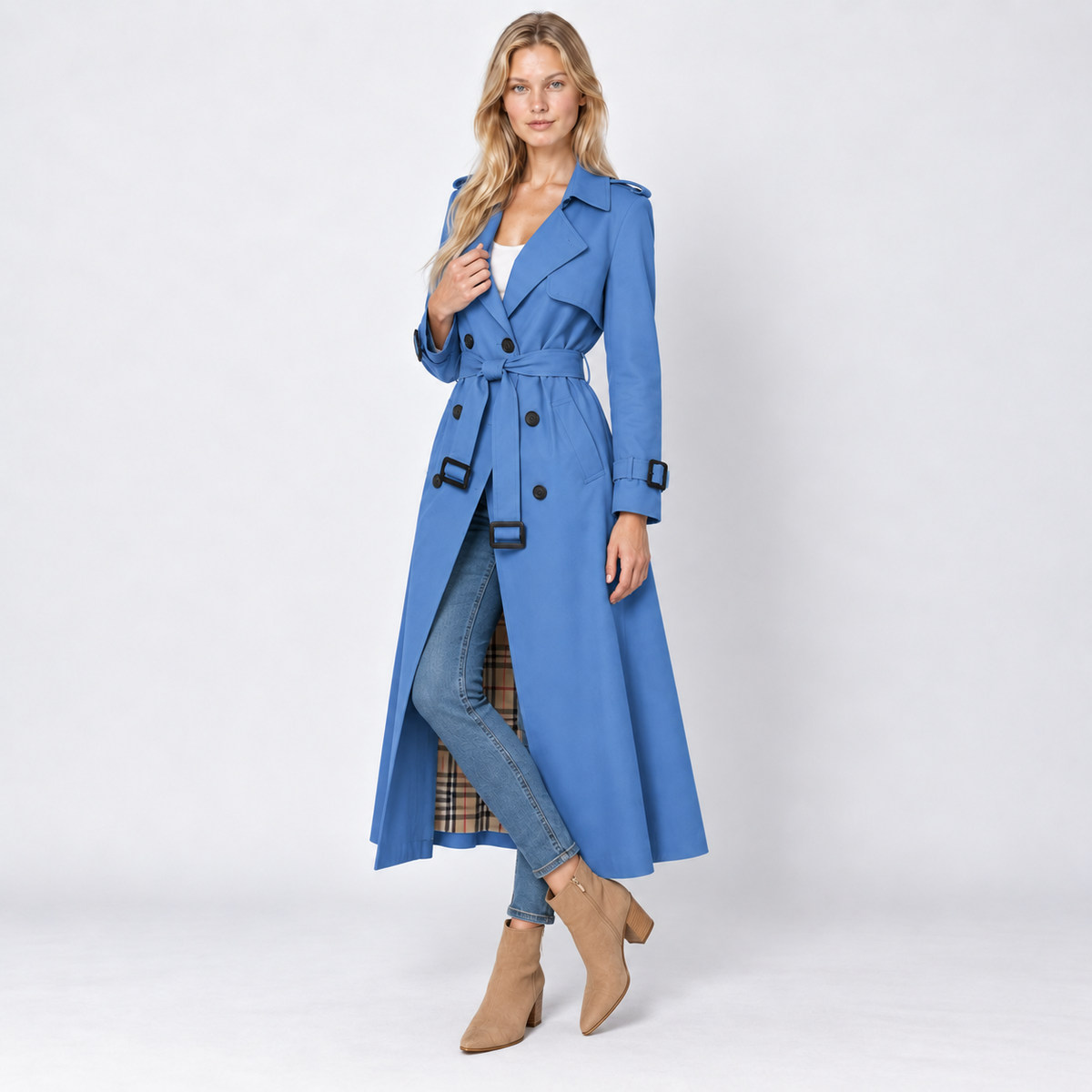 Trench Coat Women Belted Double Breasted Midi with Check Lining 5