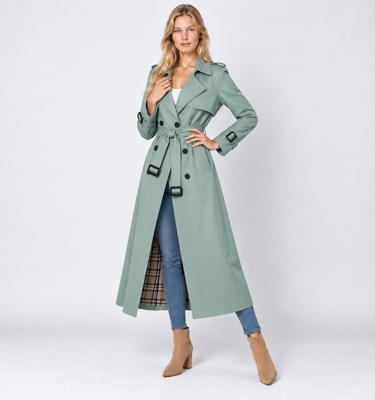 Trench Coat Women Belted Double Breasted Midi with Check Lining 6