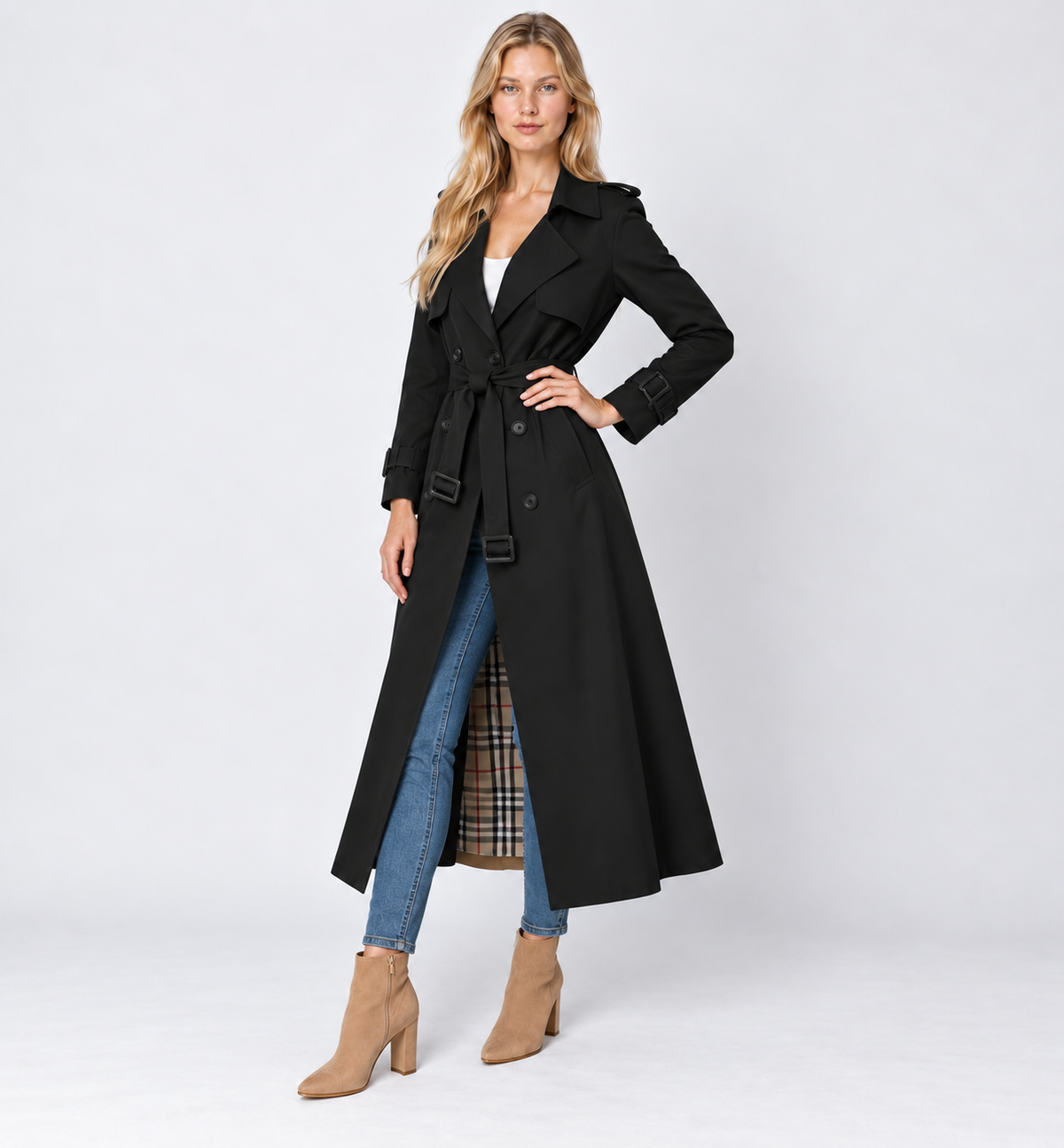Trench Coat Women Belted Double Breasted Midi with Check Lining 7