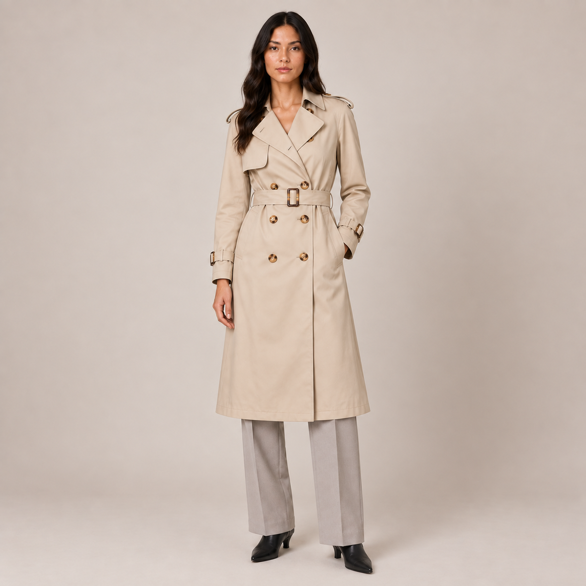 Trench Coat Women Belted Mid-Length Relaxed Fit with Notch Lapels 0