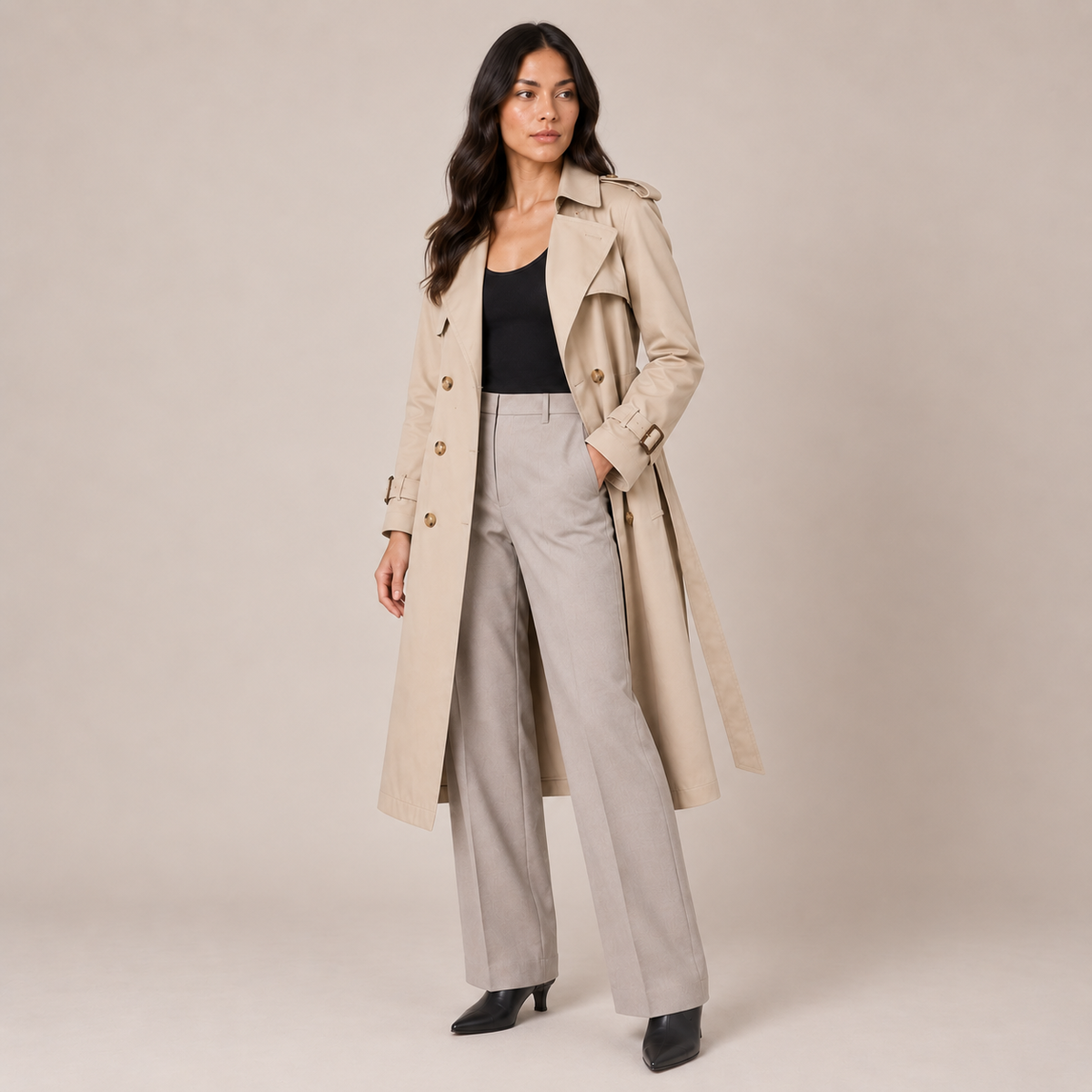 Trench Coat Women Belted Mid-Length Relaxed Fit with Notch Lapels 1