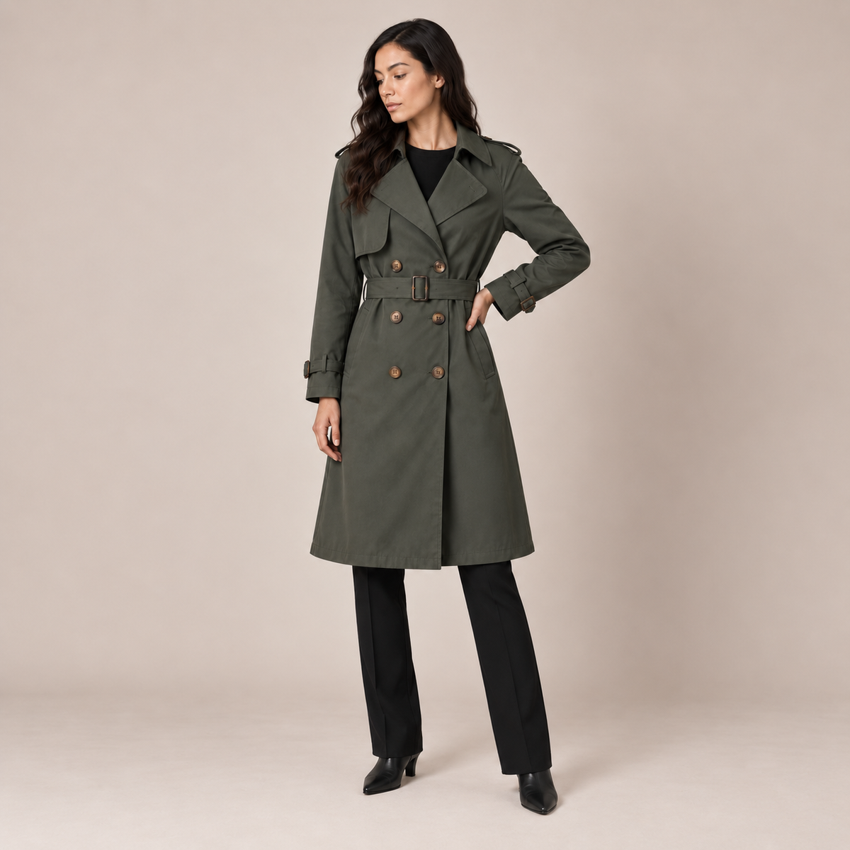 Trench Coat Women Belted Mid-Length Relaxed Fit with Notch Lapels 6