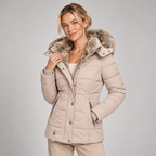 Winter Puffer Coat Women with Faux Fur Lined Hood and Cinched Waist 1