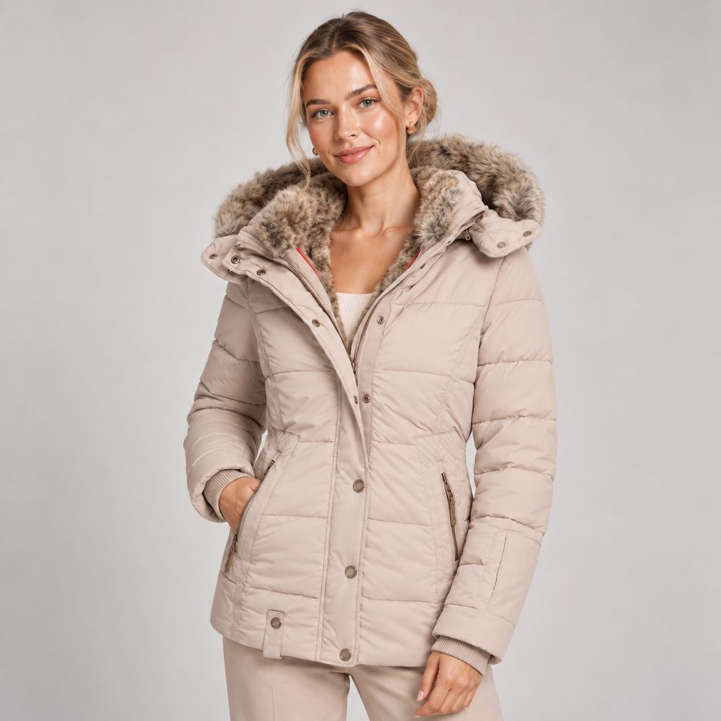 Winter Puffer Coat Women with Faux Fur Lined Hood and Cinched Waist 2