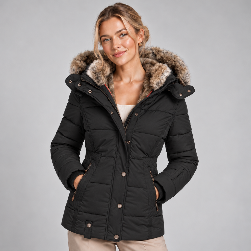 Winter Puffer Coat Women with Faux Fur Lined Hood and Cinched Waist 3