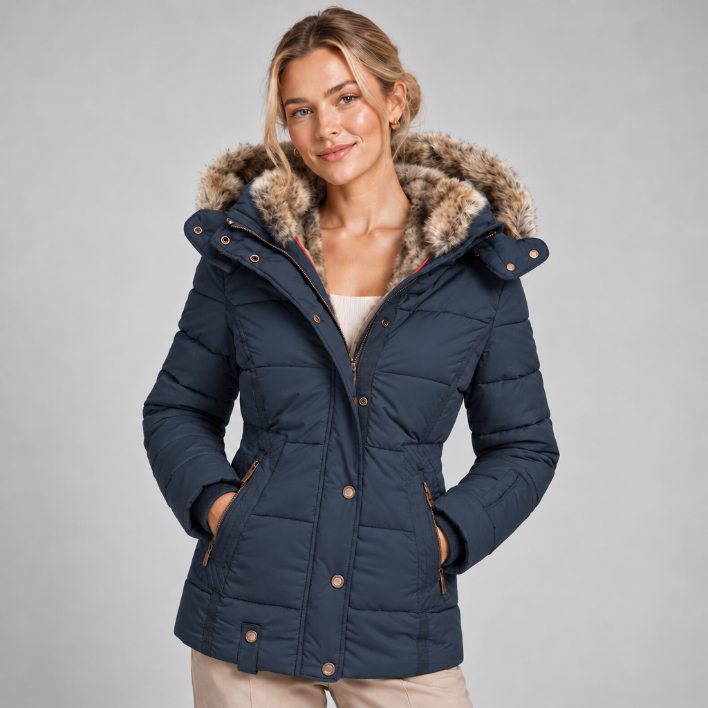Winter Puffer Coat Women with Faux Fur Lined Hood and Cinched Waist 4