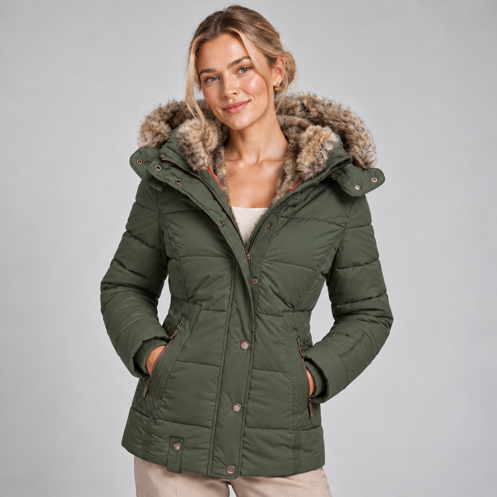 Winter Puffer Coat Women with Faux Fur Lined Hood and Cinched Waist 5