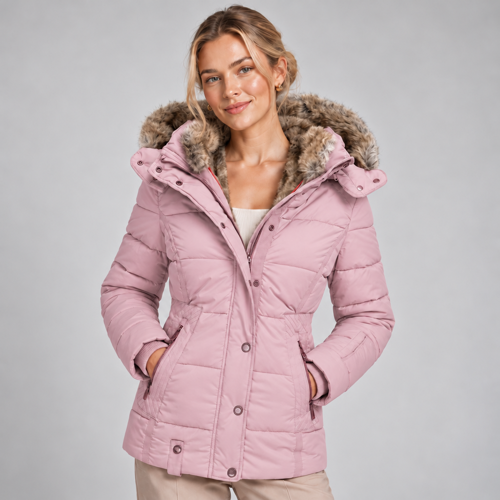 Winter Puffer Coat Women with Faux Fur Lined Hood and Cinched Waist 6