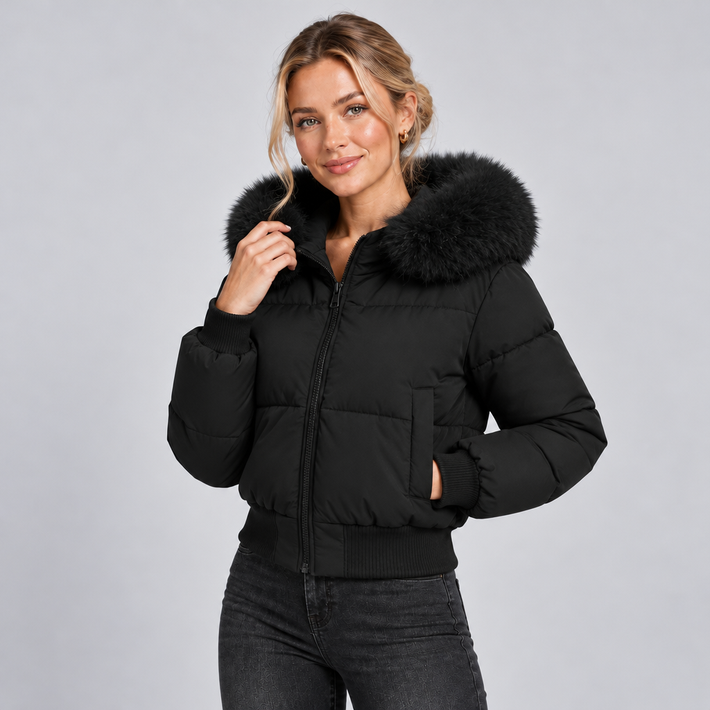 Winter Puffer Jacket Women Quilted Padded with Faux Fur Hood 1