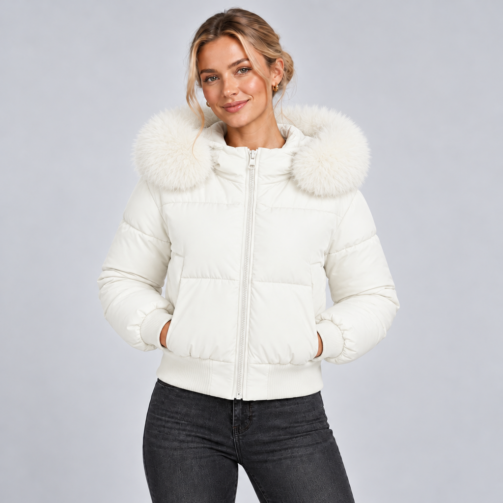 Winter Puffer Jacket Women Quilted Padded with Faux Fur Hood 3