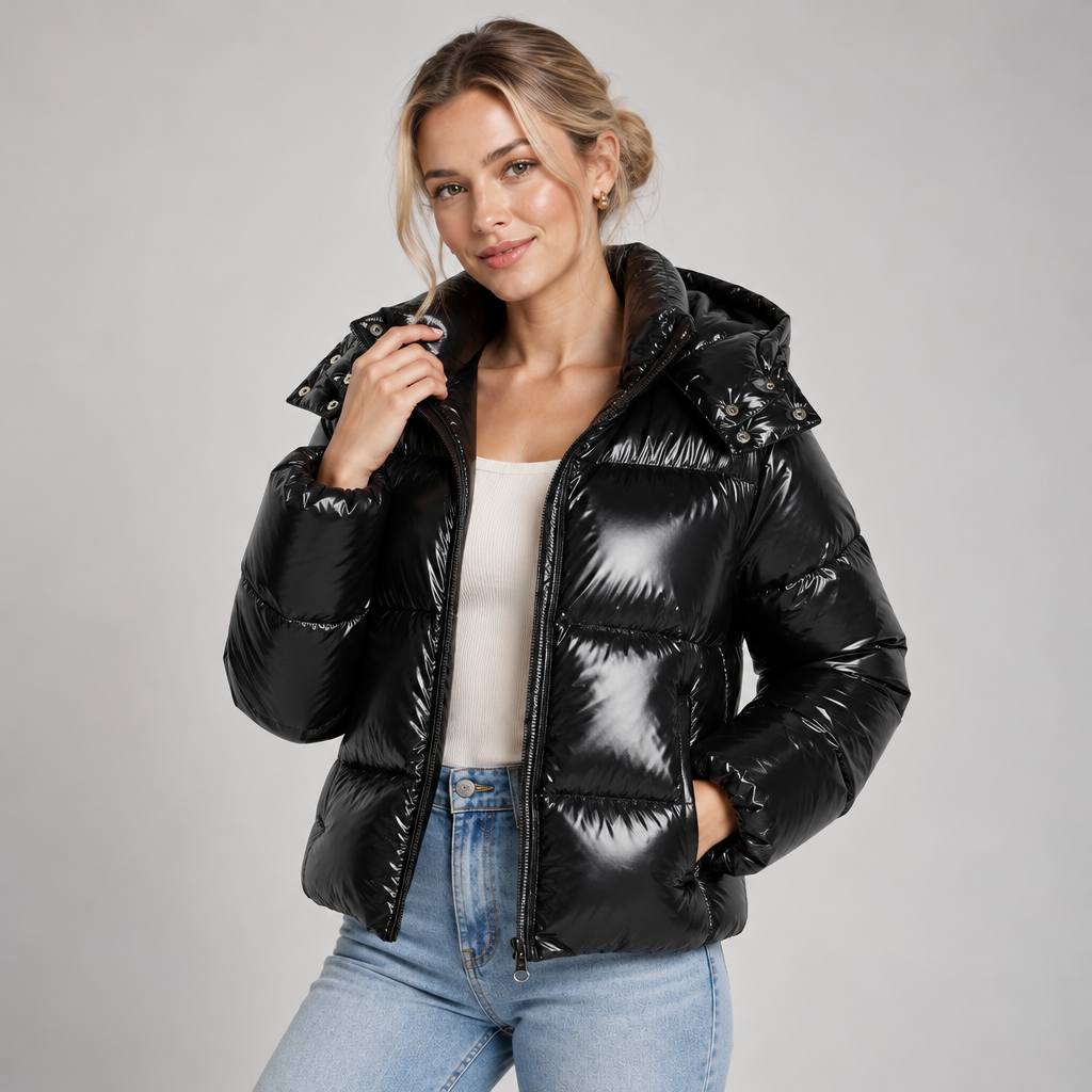 Winter Puffer Jacket Women Shiny Finish with Hood and High Collar 1