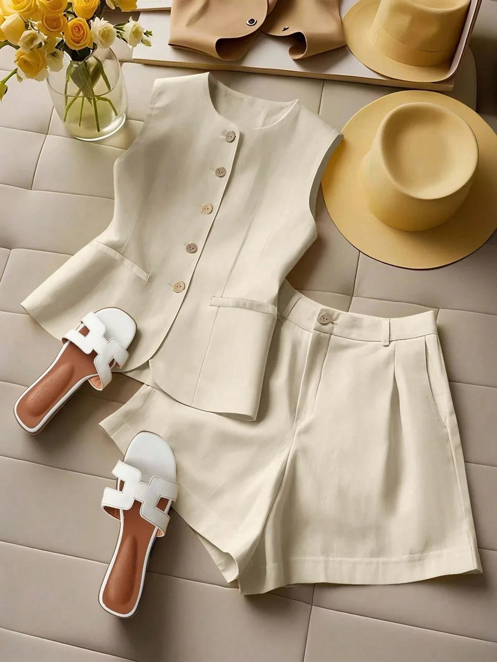 Women’s Tailored Vest and Shorts Set – Elegant Sleeveless Summer Co-Ord-Women's Two Piece Sets-Beige-S-Nausin
