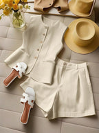 Women’s Tailored Vest and Shorts Set – Elegant Sleeveless Summer Co-Ord-Women's Two Piece Sets-Beige-S-Nausin