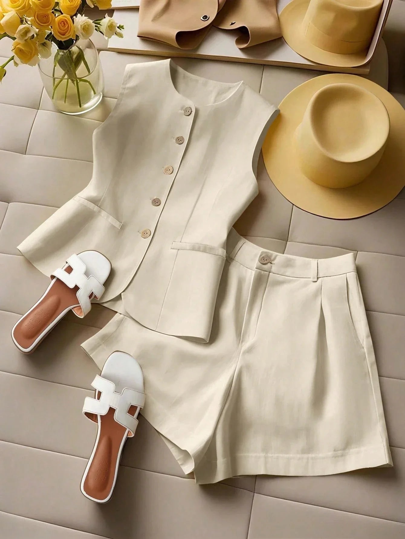 Women’s Tailored Vest and Shorts Set – Elegant Sleeveless Summer Co-Ord-Women's Two Piece Sets-Beige-S-Nausin