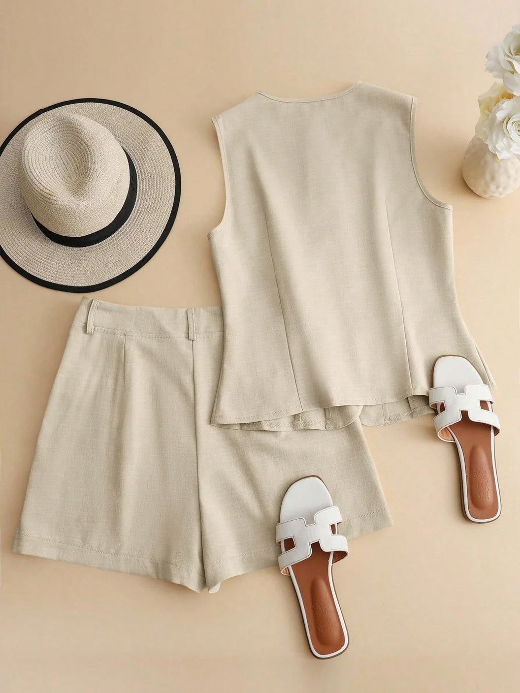 Women’s Tailored Vest and Shorts Set – Elegant Sleeveless Summer Co-Ord-Women's Two Piece Sets-Beige-S-Nausin