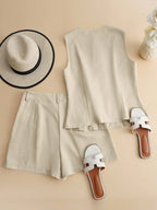 Women’s Tailored Vest and Shorts Set – Elegant Sleeveless Summer Co-Ord-Women's Two Piece Sets-Beige-S-Nausin