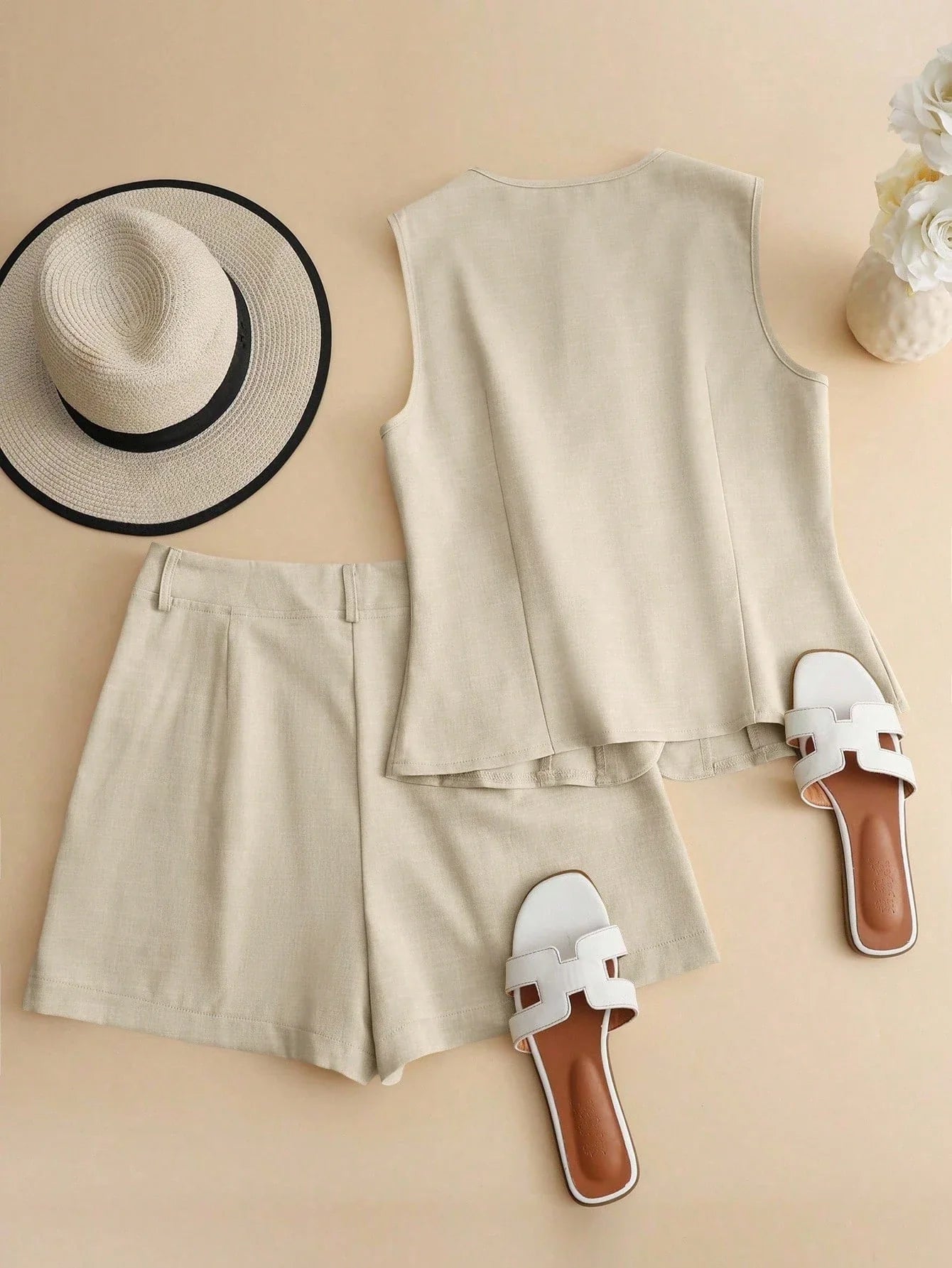 Women’s Tailored Vest and Shorts Set – Elegant Sleeveless Summer Co-Ord-Women's Two Piece Sets-Beige-S-Nausin