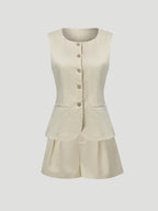 Women’s Tailored Vest and Shorts Set – Elegant Sleeveless Summer Co-Ord-Women's Two Piece Sets-Beige-S-Nausin