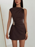 Women’s Draped Mini Dress – Elegant Sleeveless Bodycon Cocktail Dress-Dress-Coffee-XS-Nausin