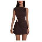 Women’s Draped Mini Dress – Elegant Sleeveless Bodycon Cocktail Dress-Dress-Coffee-XS-Nausin