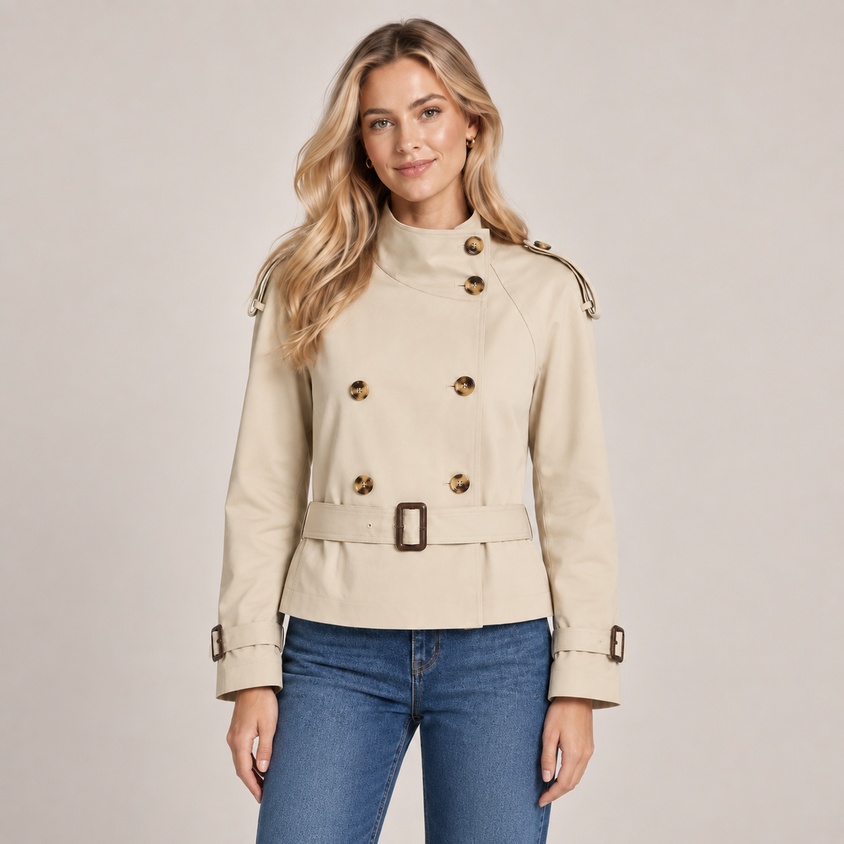 Women's Beige Cropped Trench Coat with Funnel Neck and Buckle Belt 0