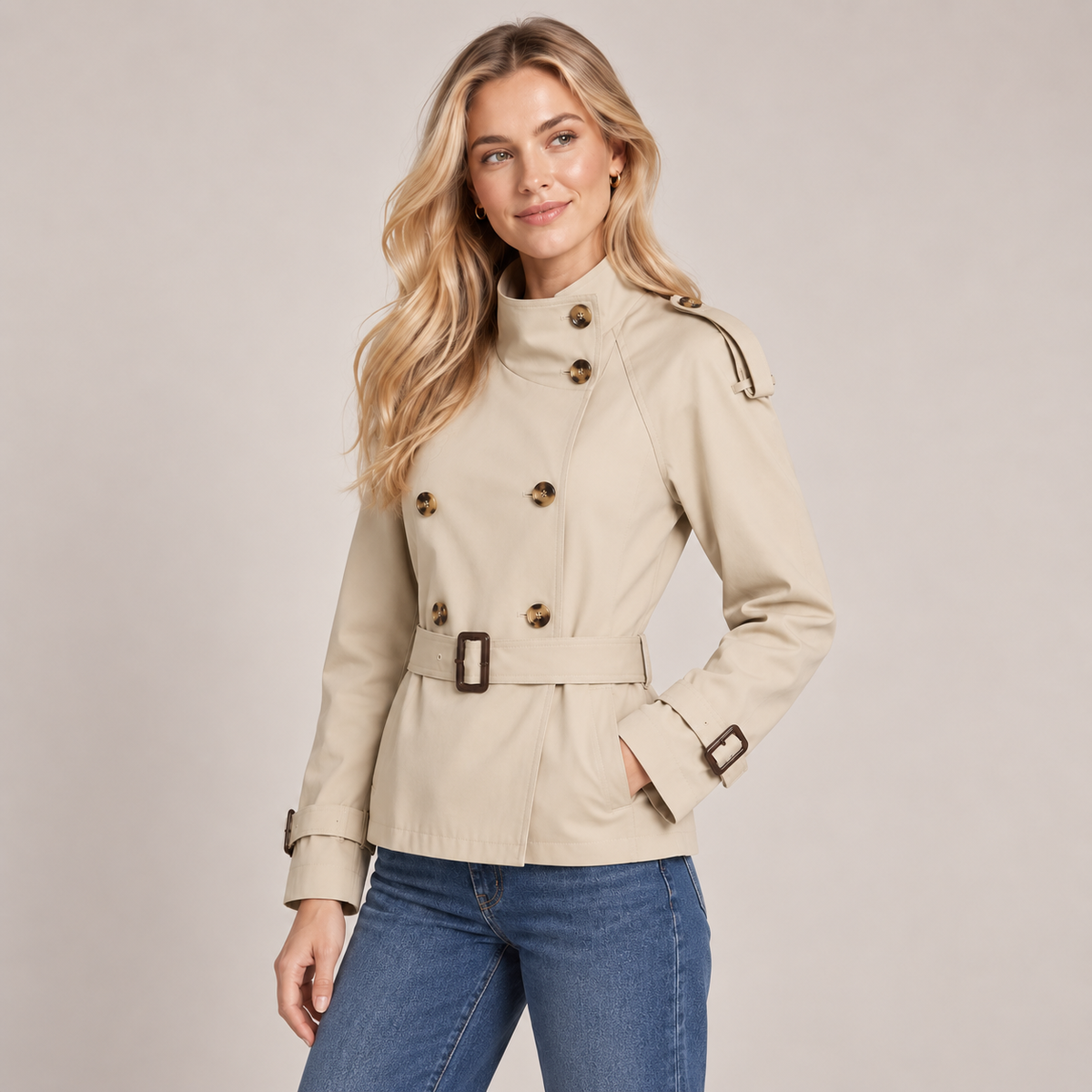 Women's Beige Cropped Trench Coat with Funnel Neck and Buckle Belt 2