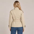 Women's Beige Cropped Trench Coat with Funnel Neck and Buckle Belt 3