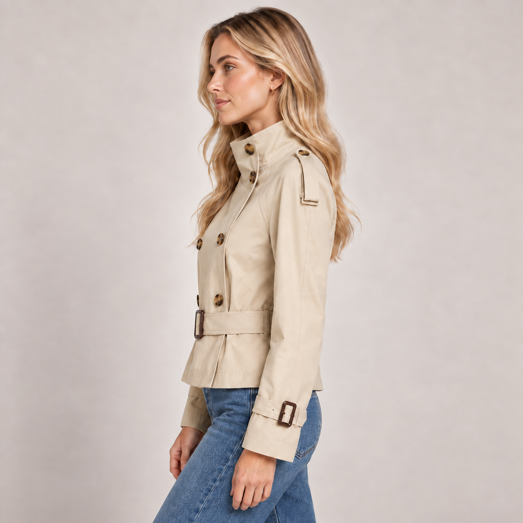Women's Beige Cropped Trench Coat with Funnel Neck and Buckle Belt 4